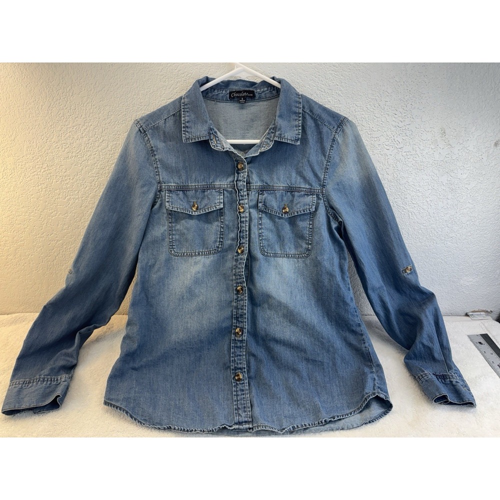 Chocolate USA Denim Shirt Womens Small Embroidered Floral Back Button Down Blue